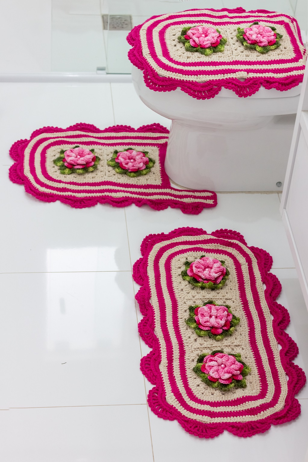 Kit de Cozinha 3 Peças Retangular Crochê Minas Pink na Casa Encanto